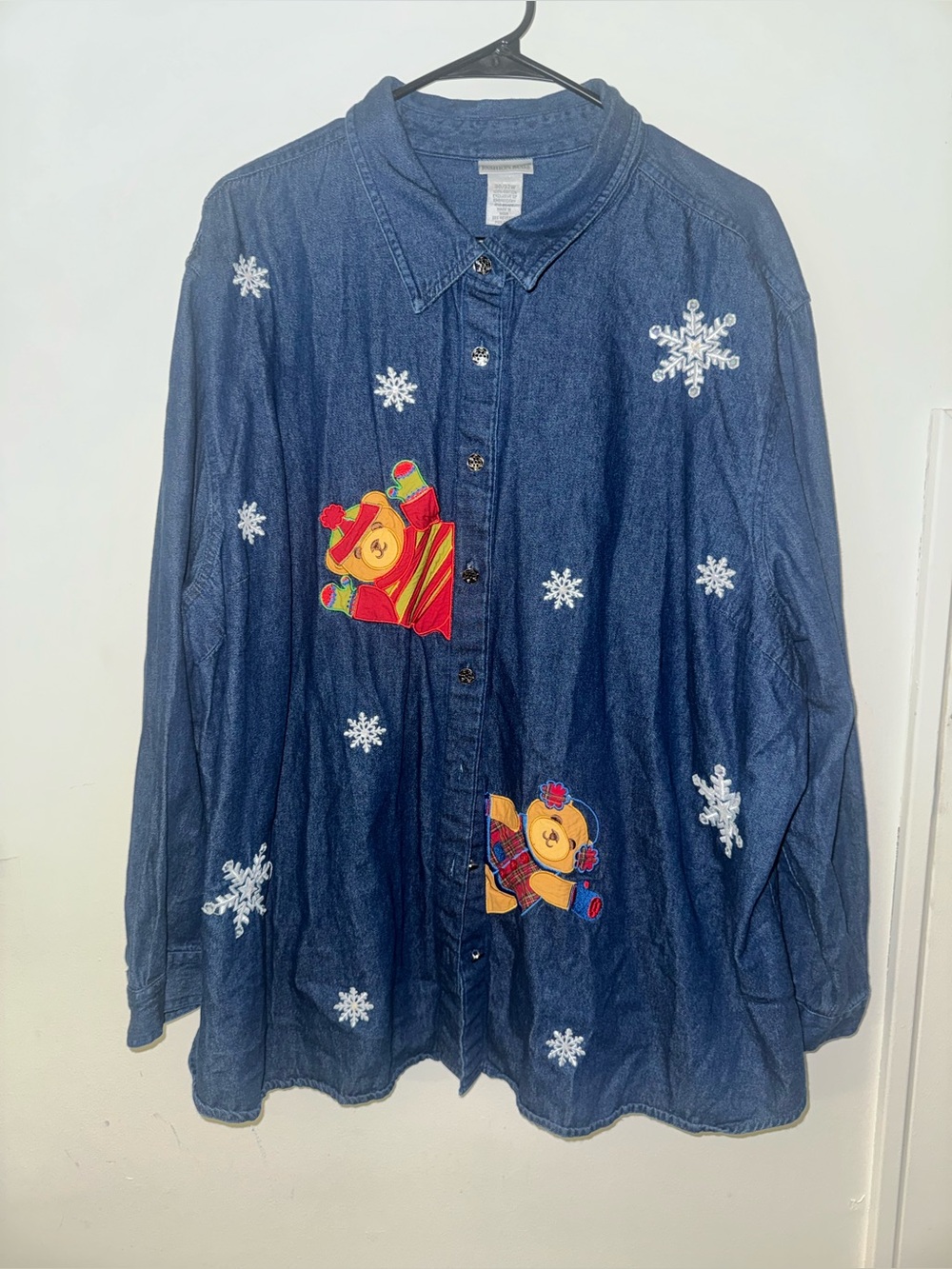 Fashion Bug Blue Denim Button-Front Shirt with Teddy & Snowflake Appliqués